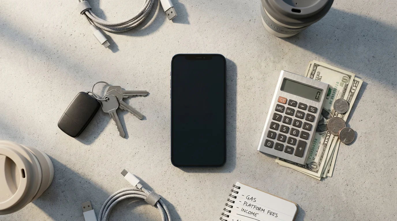A flat lay of a smartphone, car keys, a calculator, and cash.