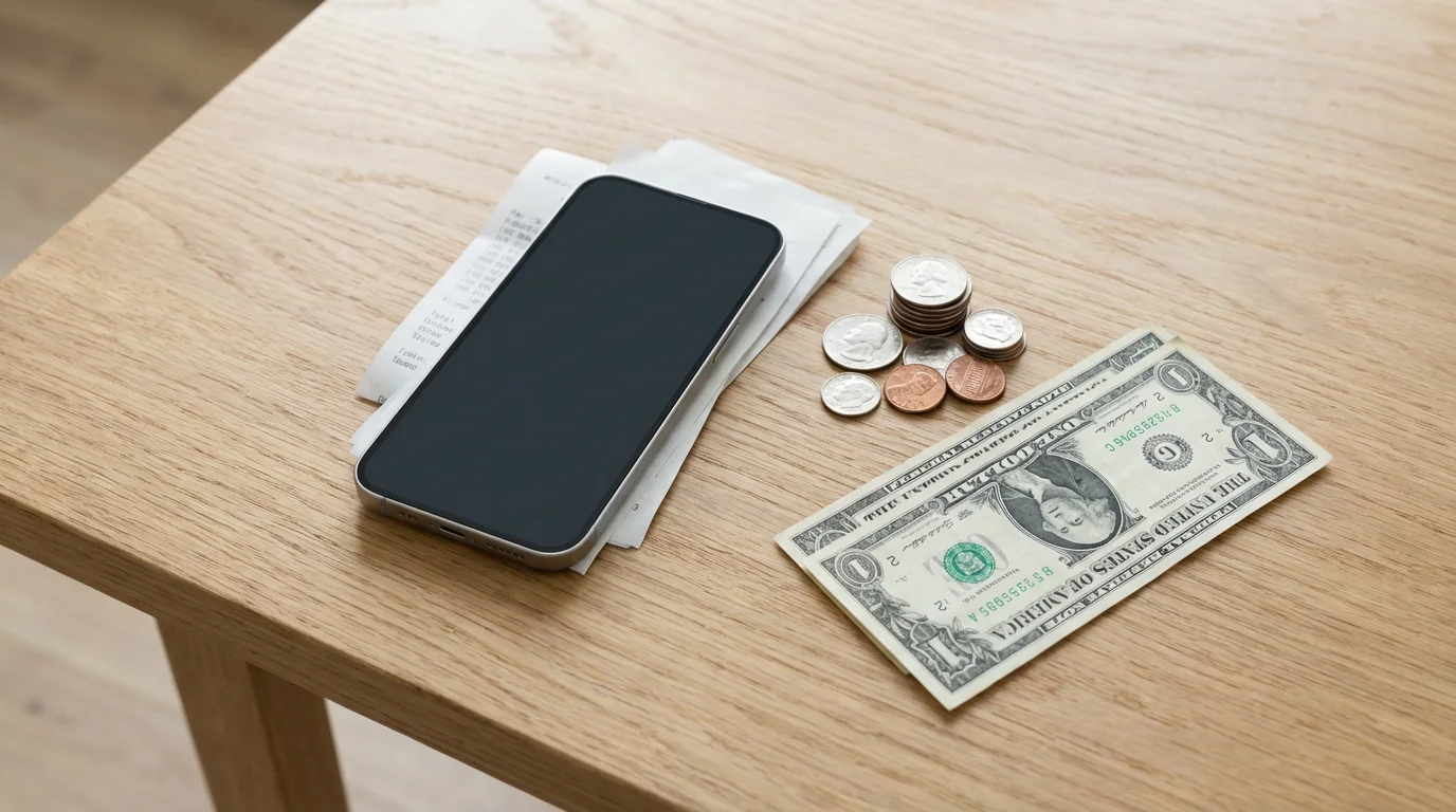 A flat lay of a smartphone, shopping receipts, and cash on a table.