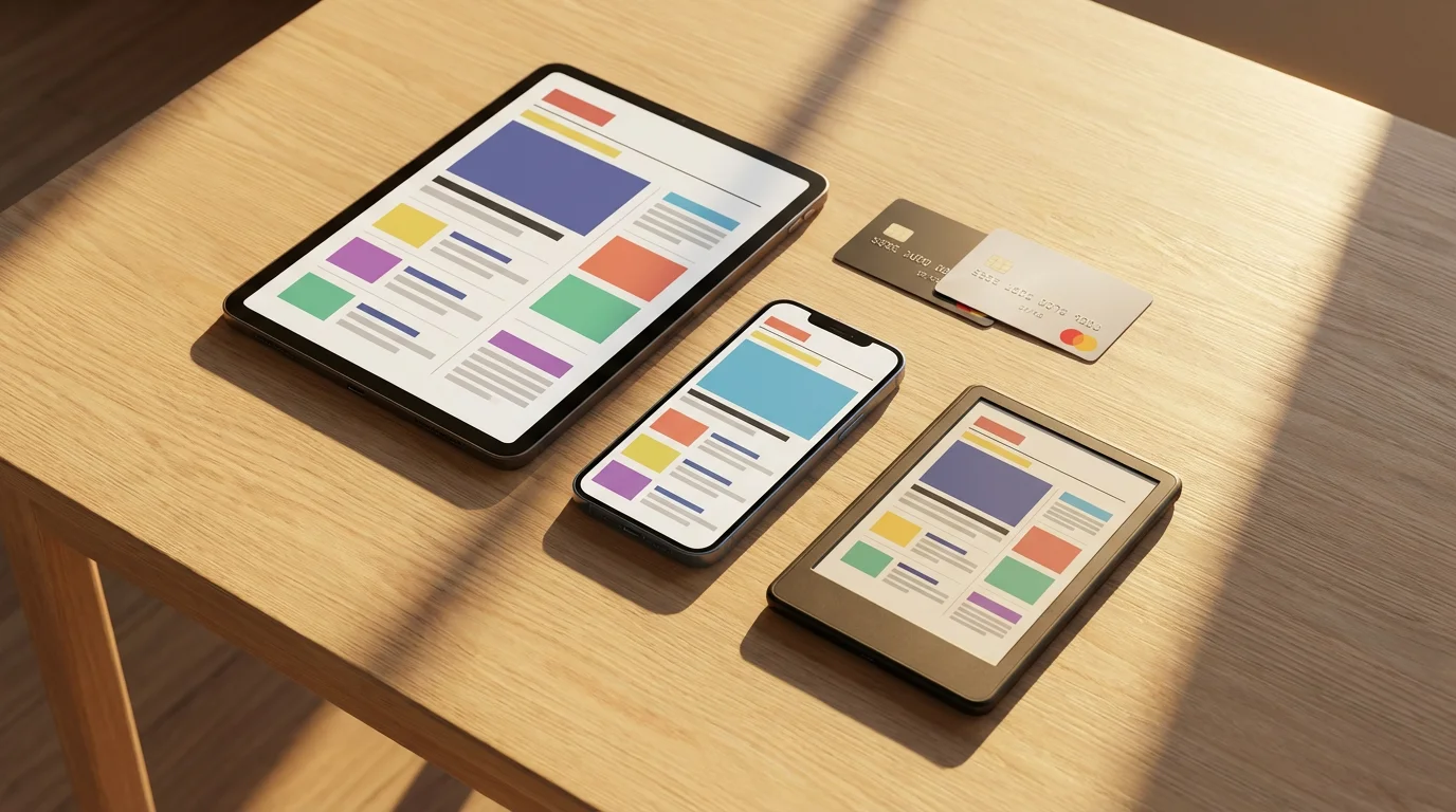 A flat lay of a tablet, phone, and e-reader with news feeds next to credit cards.