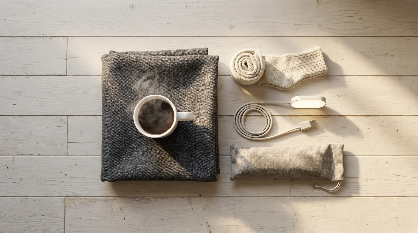 A flat lay of a thermal curtain and a steaming mug in morning light.