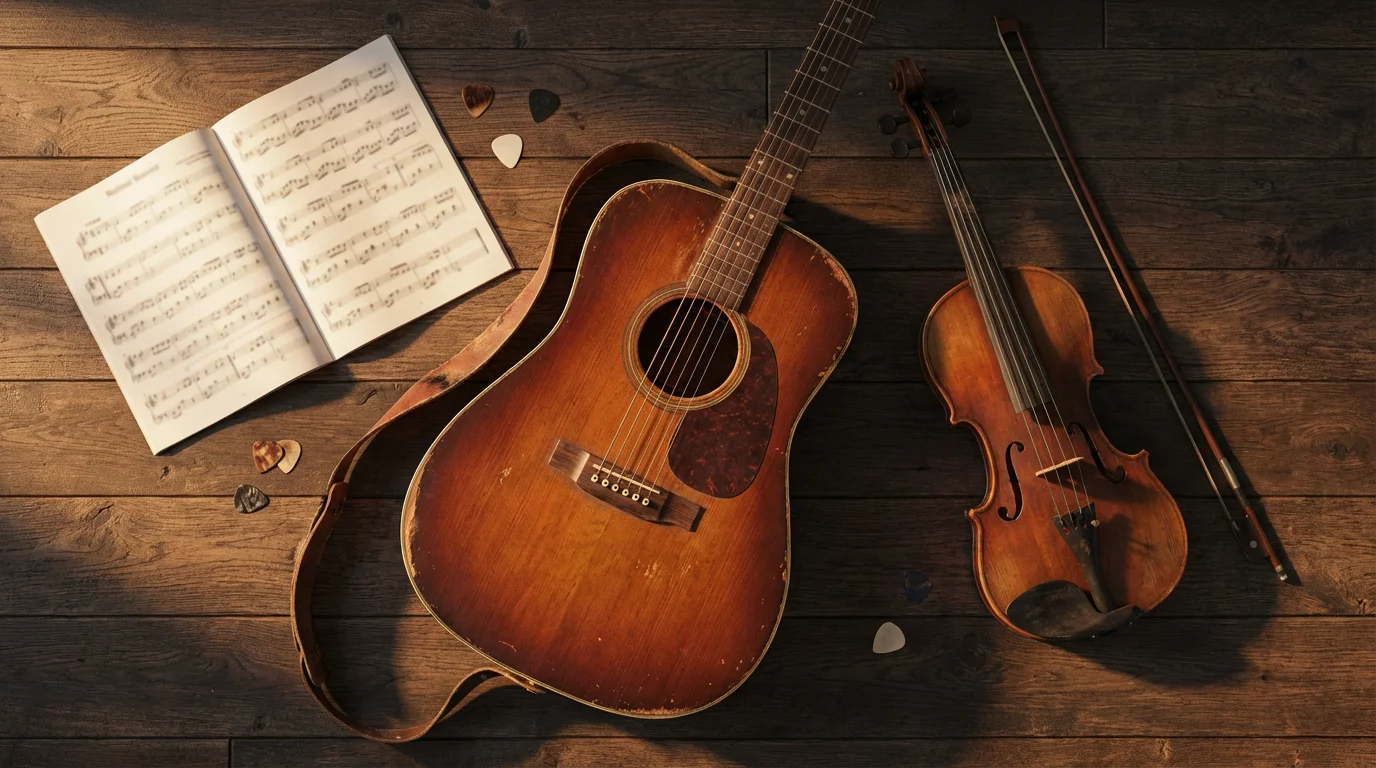 A flat lay of a used acoustic guitar and violin in warm golden light.