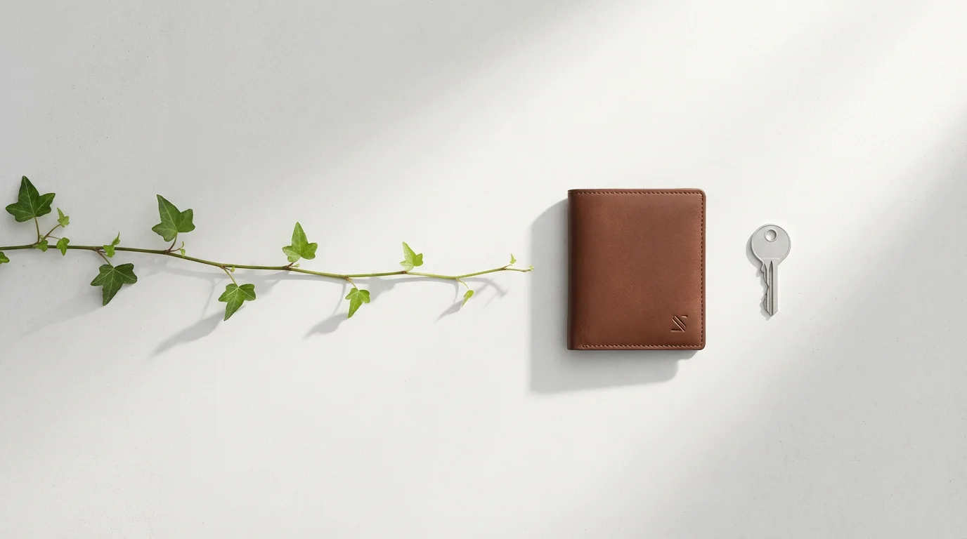 A flat lay of an ivy vine creeping towards a leather wallet and key.