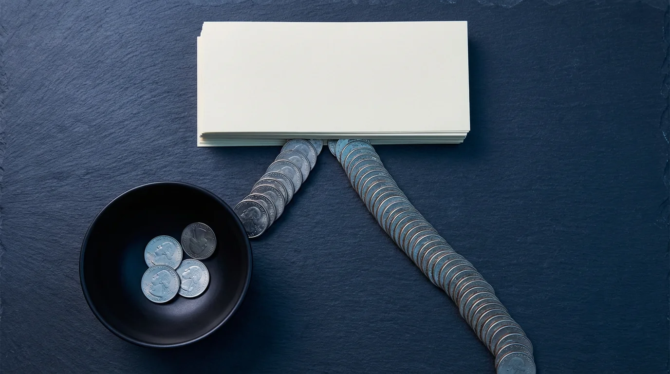 A flat lay of coins flowing from a stack of paychecks into a savings bowl.