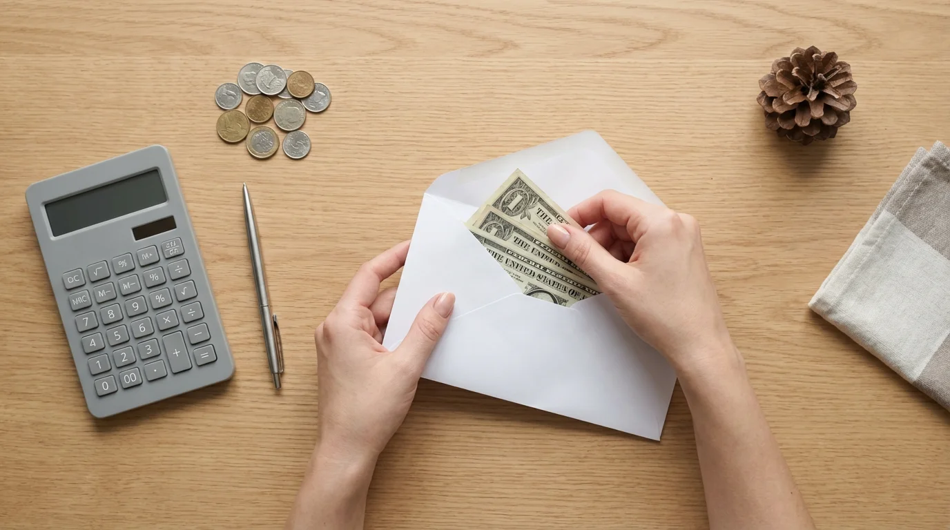A flat lay of hands putting cash into an envelope for a holiday budget.