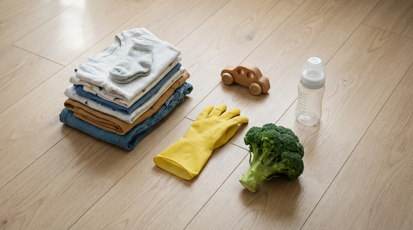 A flat lay of household items representing the work of a stay-at-home parent.