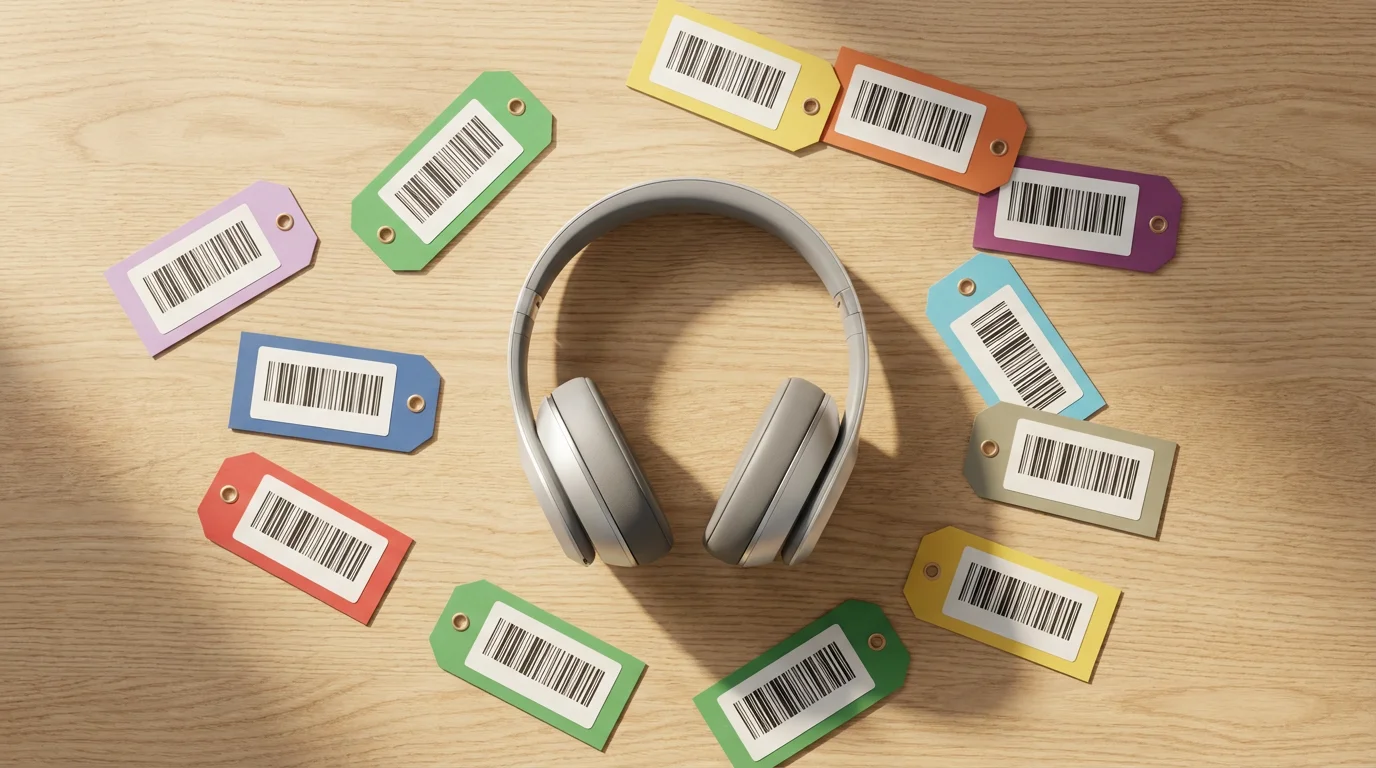 A flat lay of modern wireless headphones surrounded by various price tags, representing price volatility.