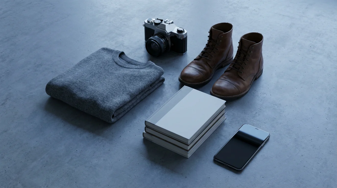 A flat lay of pre-owned clothes, boots, and a camera being photographed for sale.