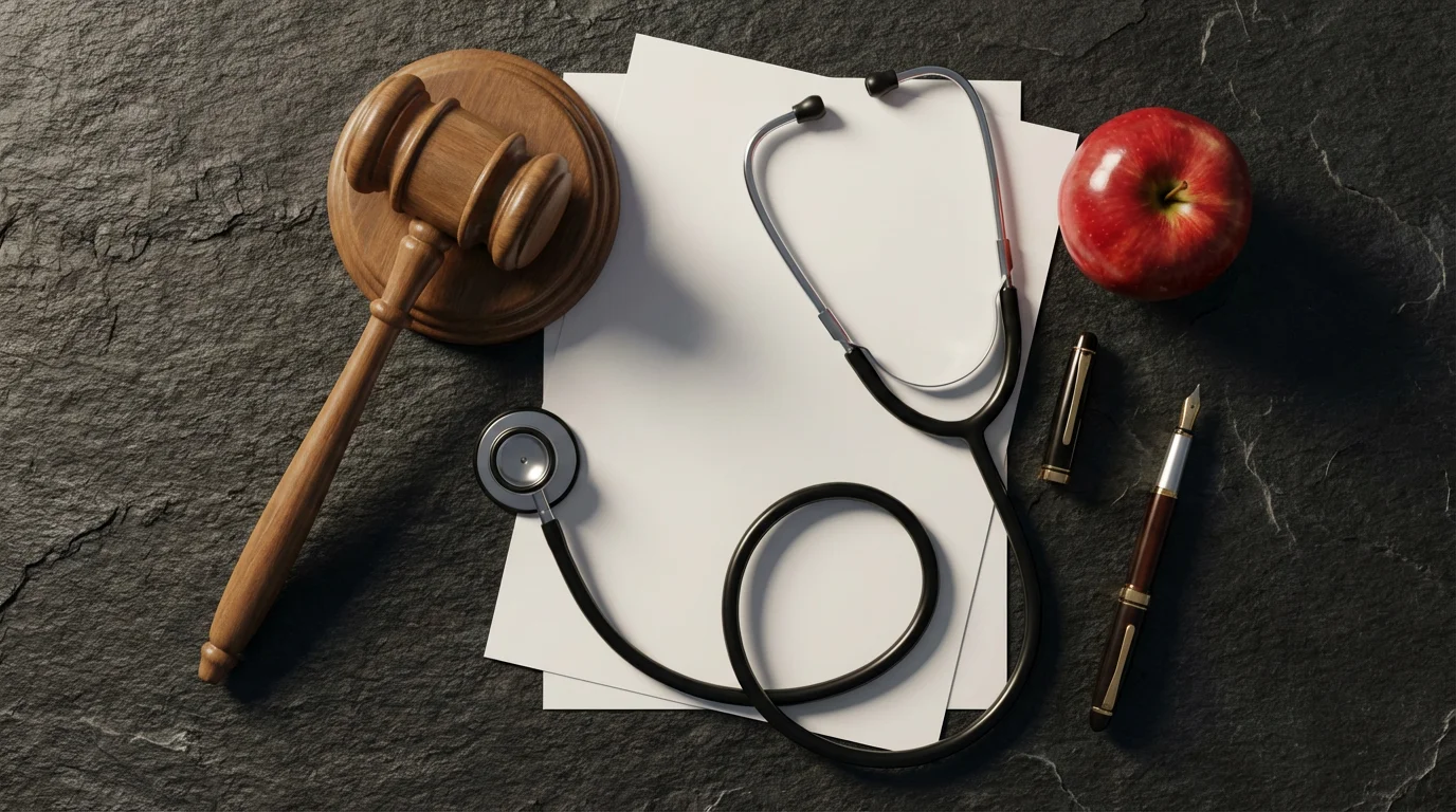A flat lay of public service items like a gavel, stethoscope, and apple.