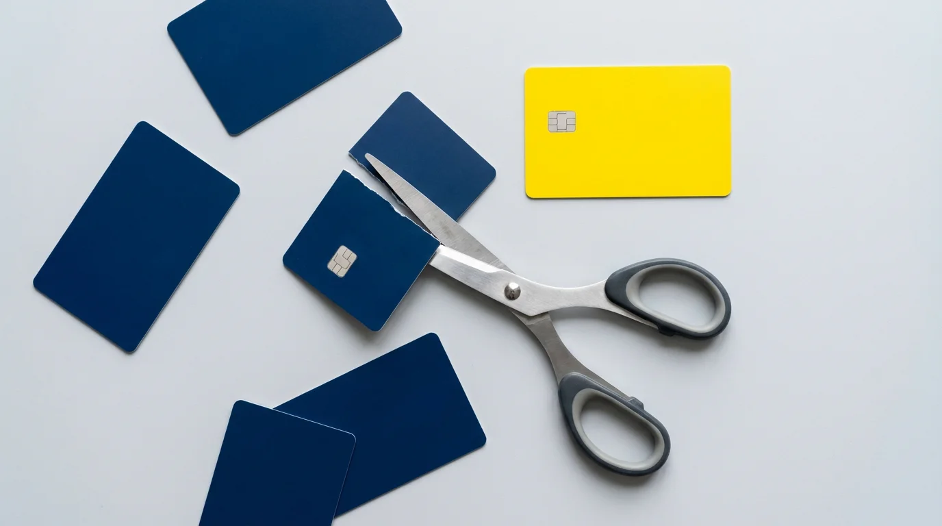 A flat lay of scissors cutting an old credit card next to a new one.