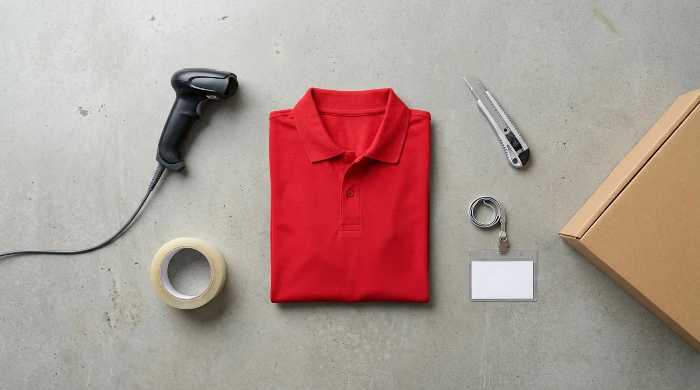 A flat lay of seasonal retail and logistics work items on a concrete floor.