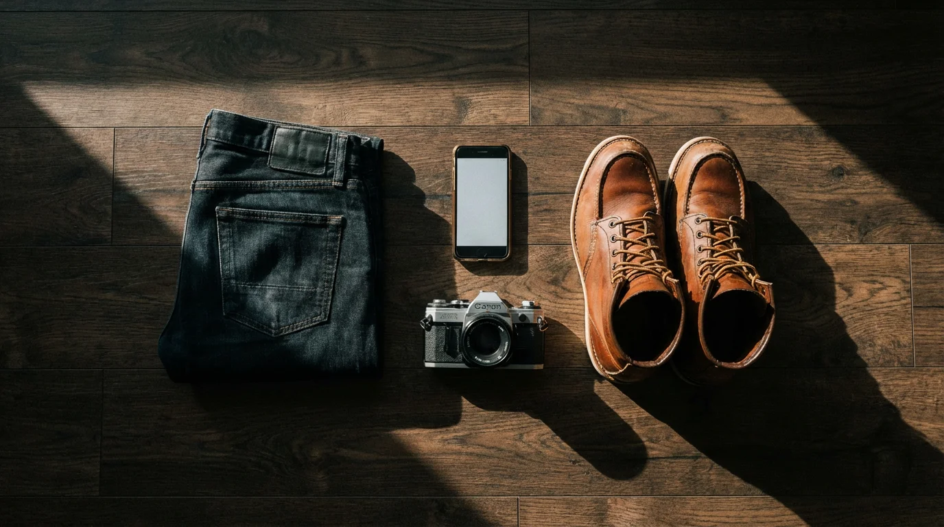 A flat lay of used clothing, a smartphone, and a camera for sale.