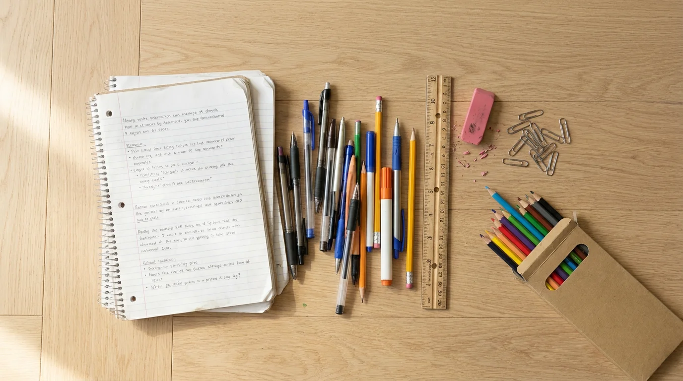 A flat lay of various used and new school supplies organized on a floor.