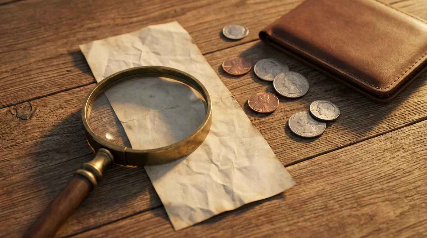 A flat lay photo of a magnifying glass over a receipt, with a wallet and coins.