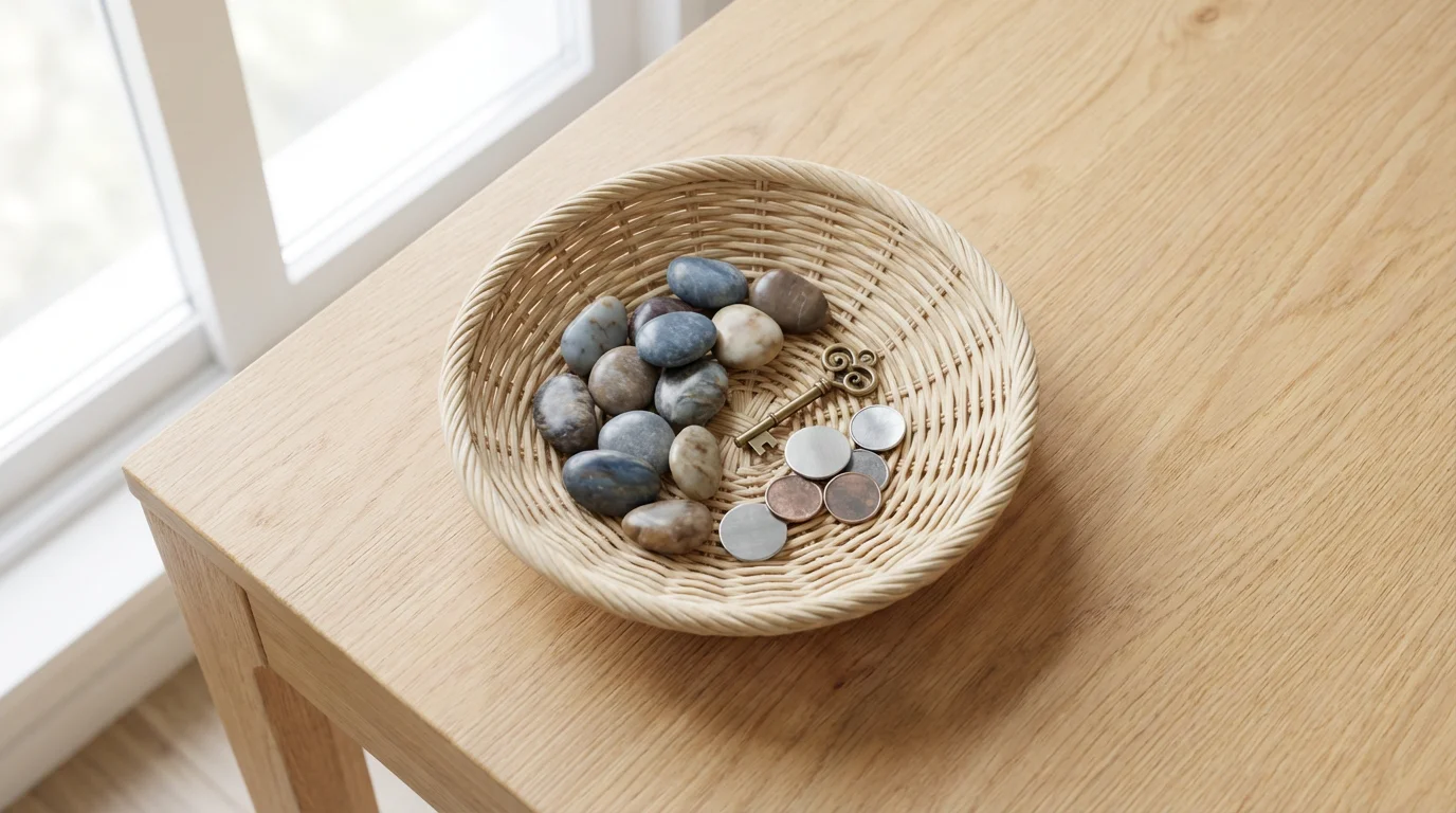 A flat lay photo of a woven basket holding symbolic investment items like stones and keys.