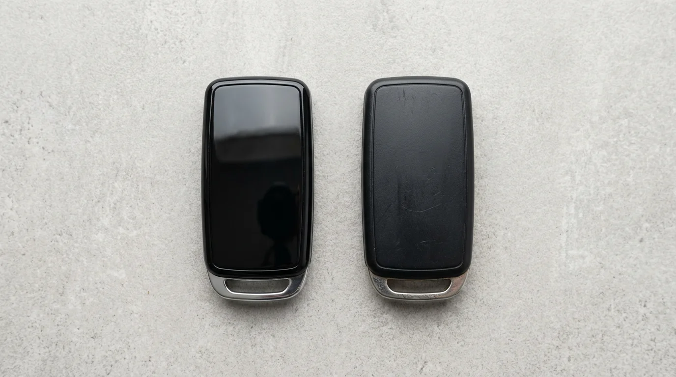 A flat lay photograph of a new car key fob next to a slightly used one.