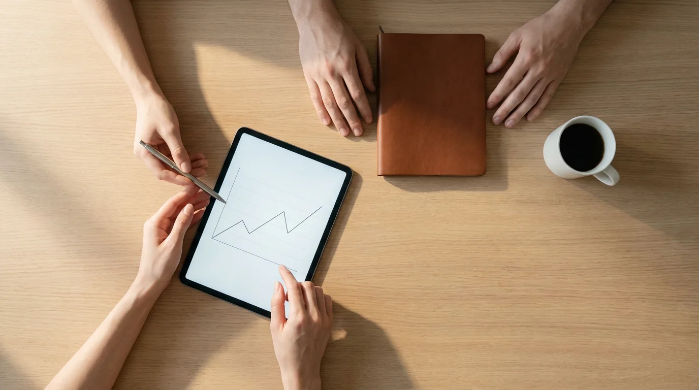 A flat lay photograph of two people's hands across a desk during a consultation.