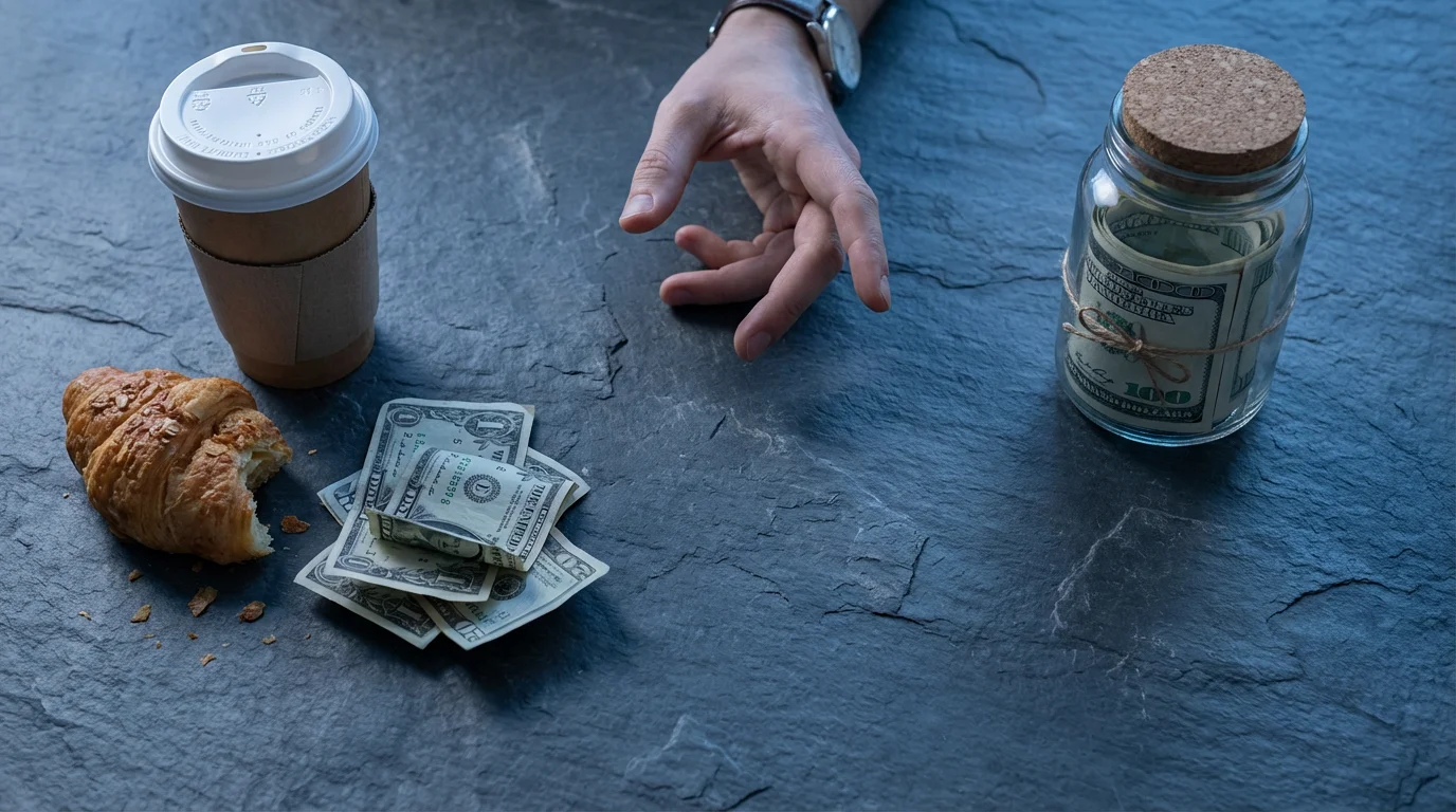 A flat lay showing a hand hesitating between immediate spending and a jar of savings.