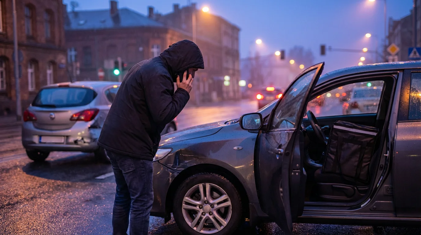 A food delivery driver stands on the phone looking at their damaged car after an accident.