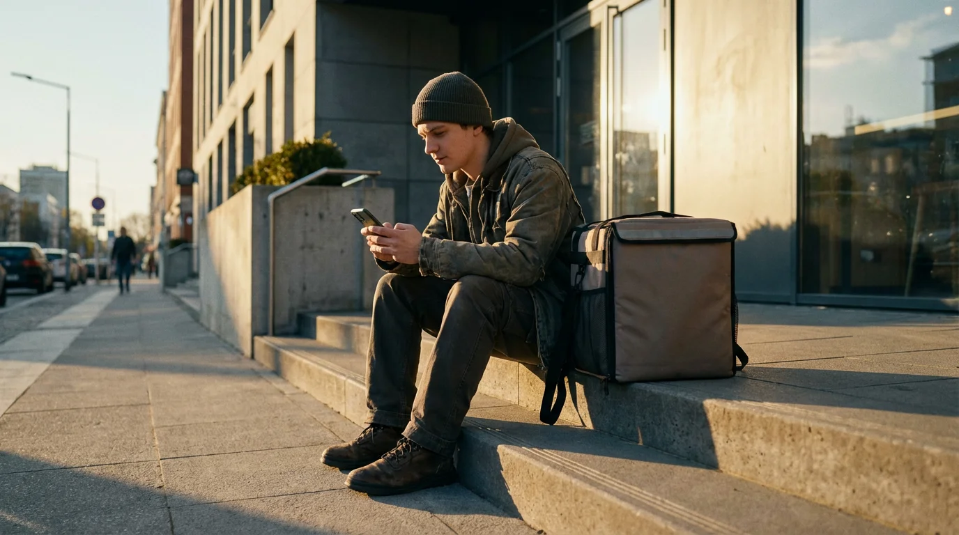 A food delivery driver with an insulated backpack waits on city steps at sunset.