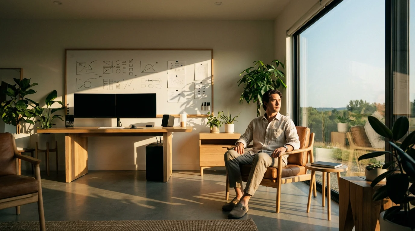A freelancer takes a thoughtful break in a modern home office with moody afternoon lighting.