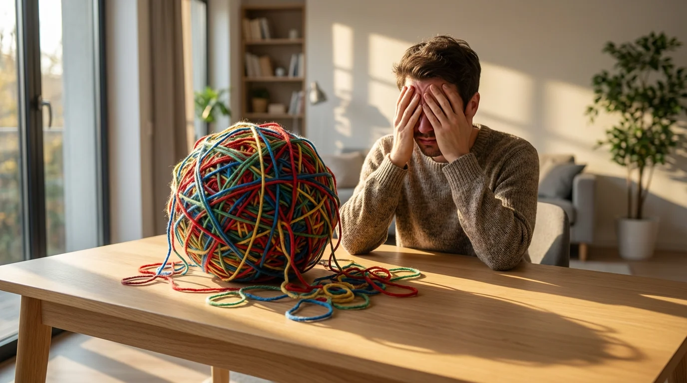 A frustrated person sits at a desk staring at a large, tangled ball of yarn.