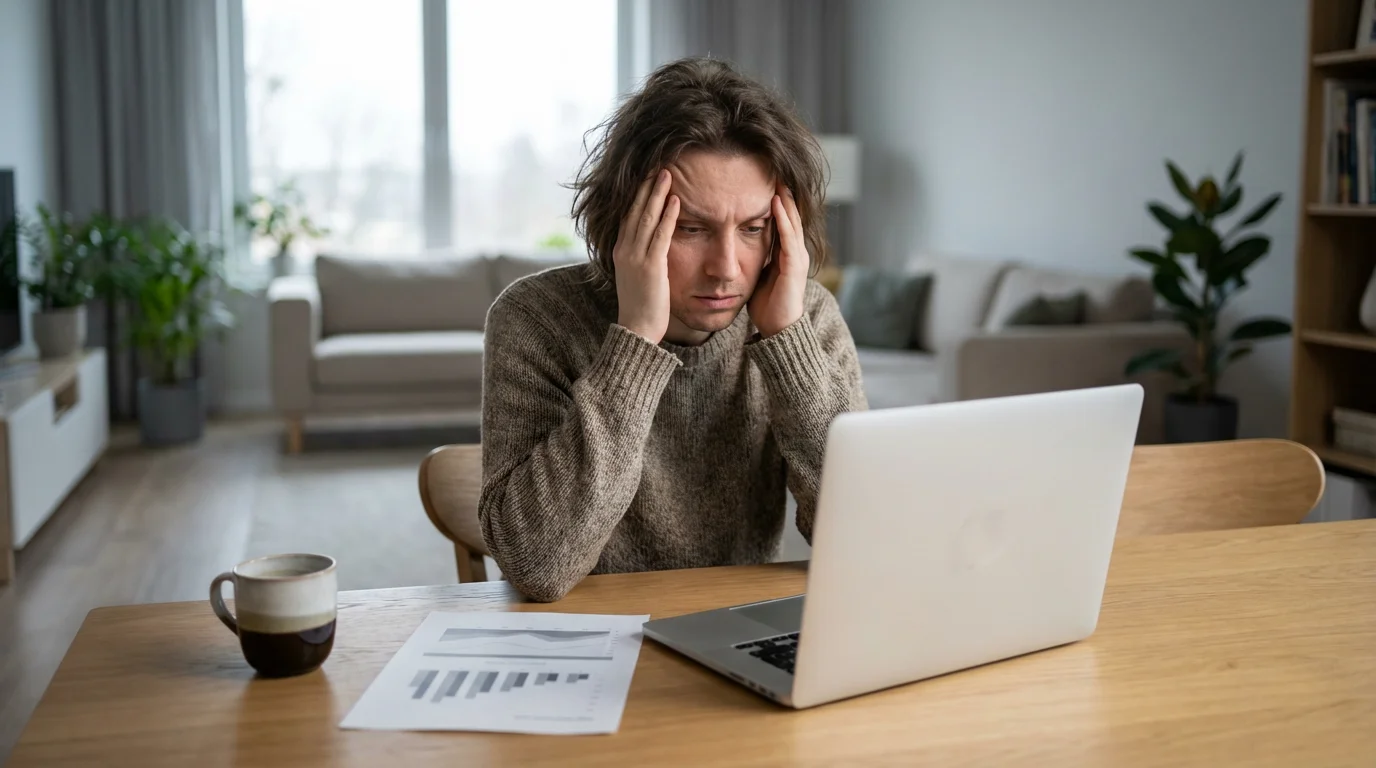 A frustrated person sits at a table with a laptop, head in their hands.