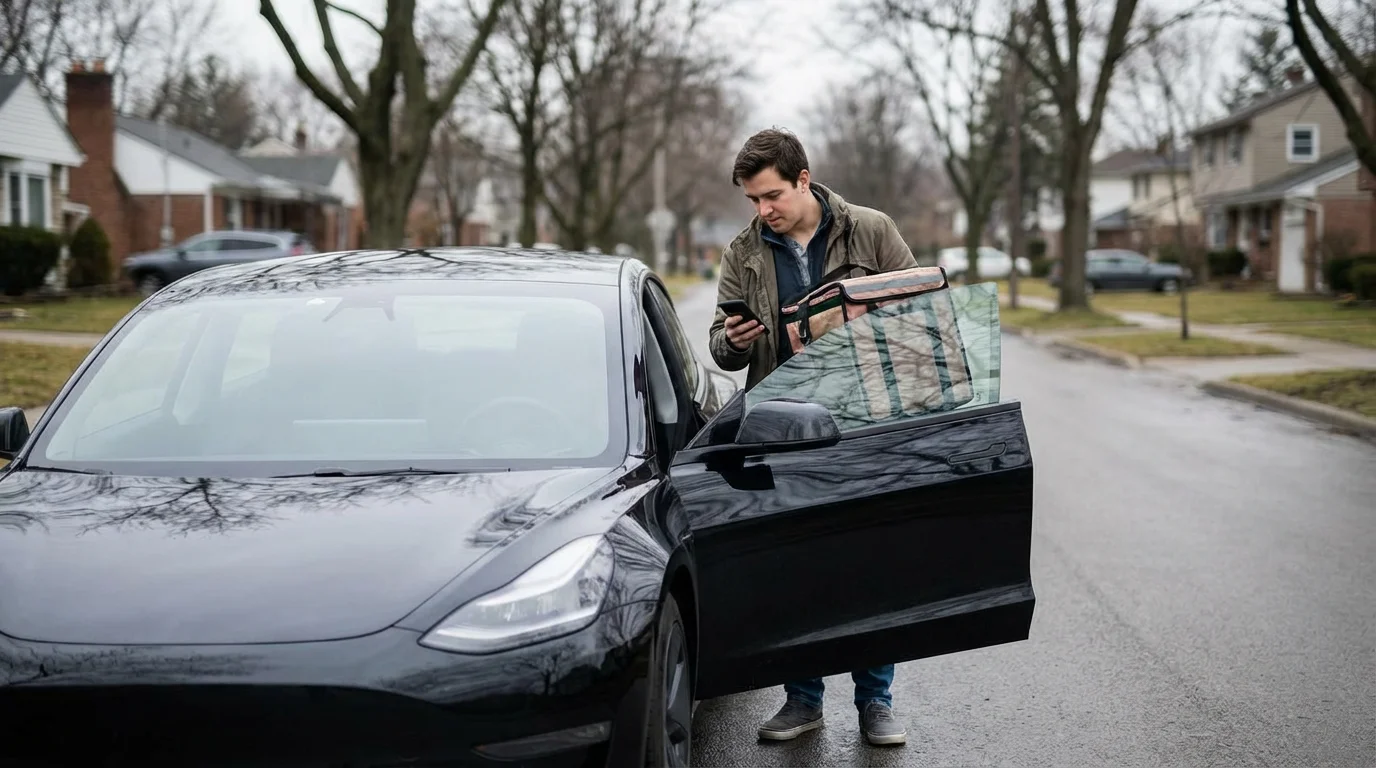 A gig worker checks their smartphone while standing next to their car before a delivery.
