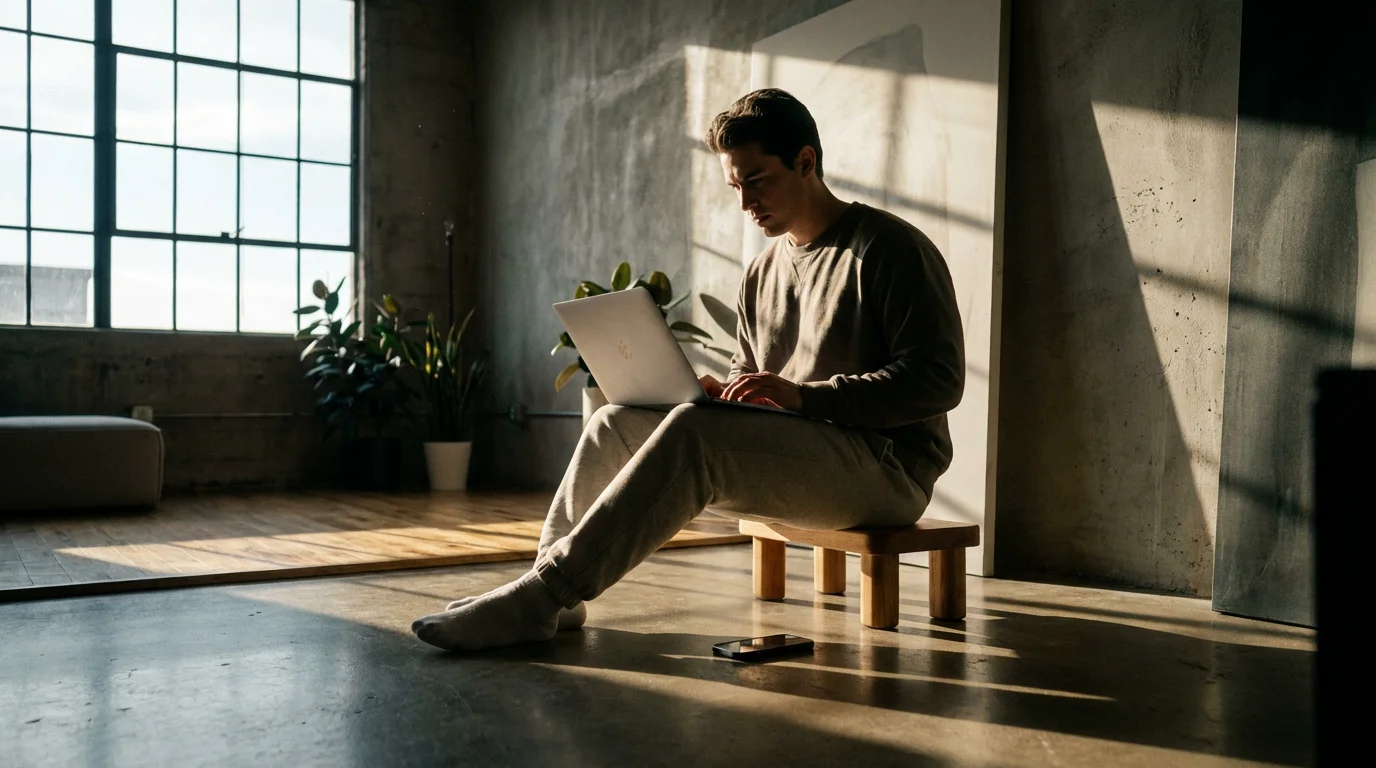 A gig worker sits on a stool in a sunlit loft, working on their laptop.
