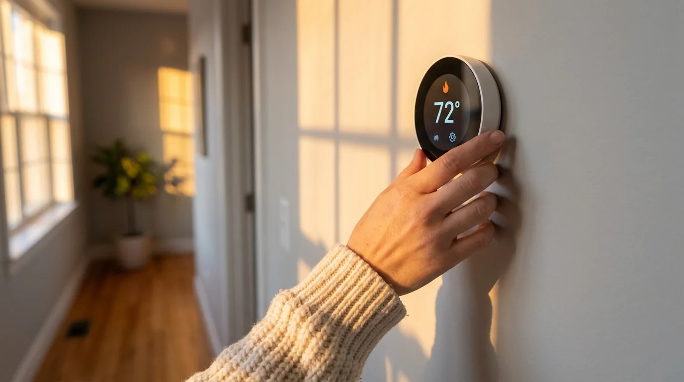 A hand adjusts a modern smart thermostat on a wall during golden hour.