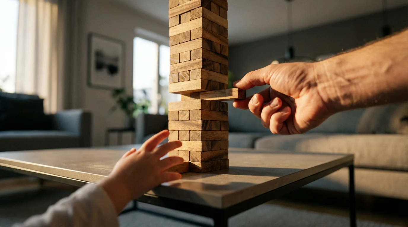 A hand carefully pulls a block from a precarious wooden tower at golden hour.