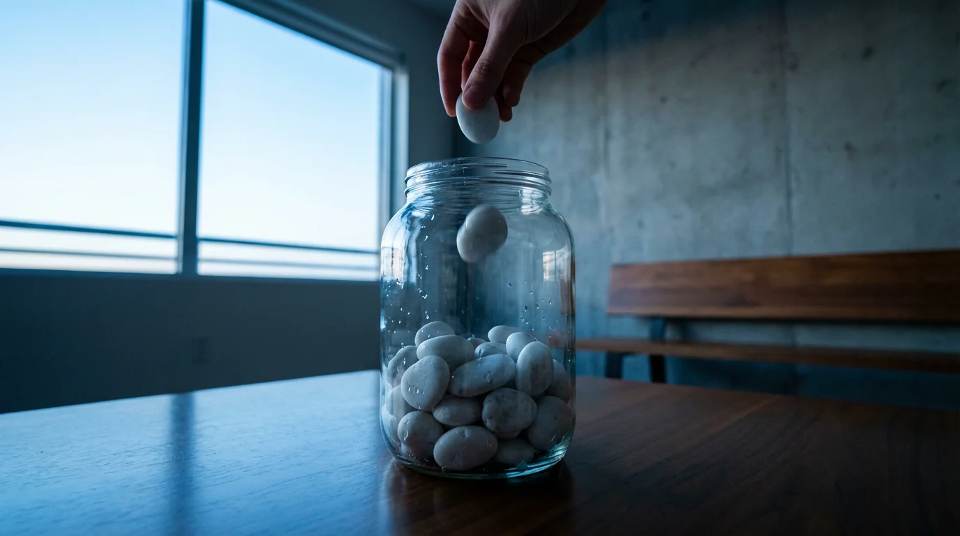 A hand drops a white pebble into a glass jar, symbolizing tracking financial progress.