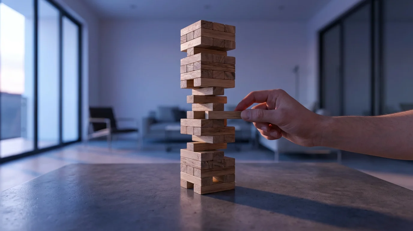 A hand hesitates before pulling a wooden block from a precarious Jenga tower.