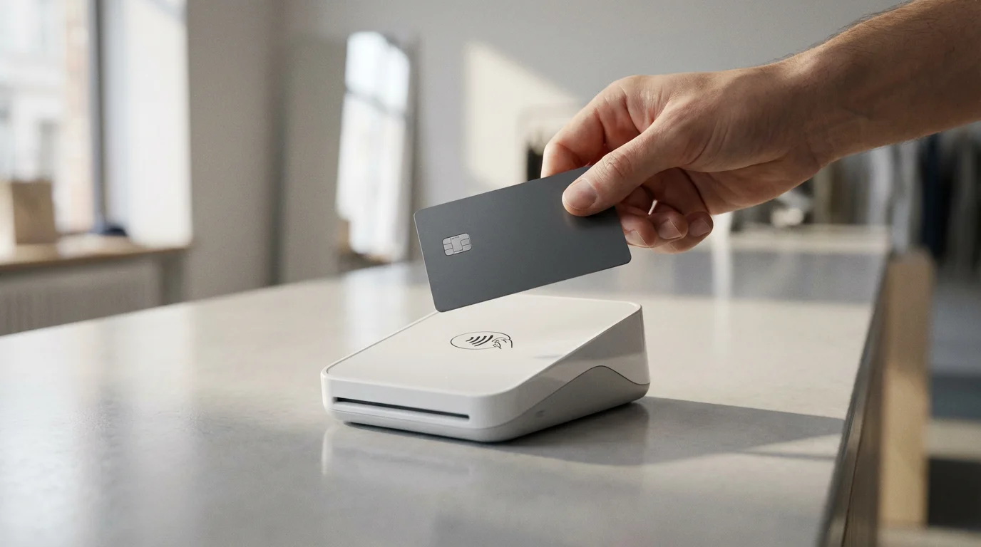 A hand holding a generic credit card over a contactless payment terminal in a store.