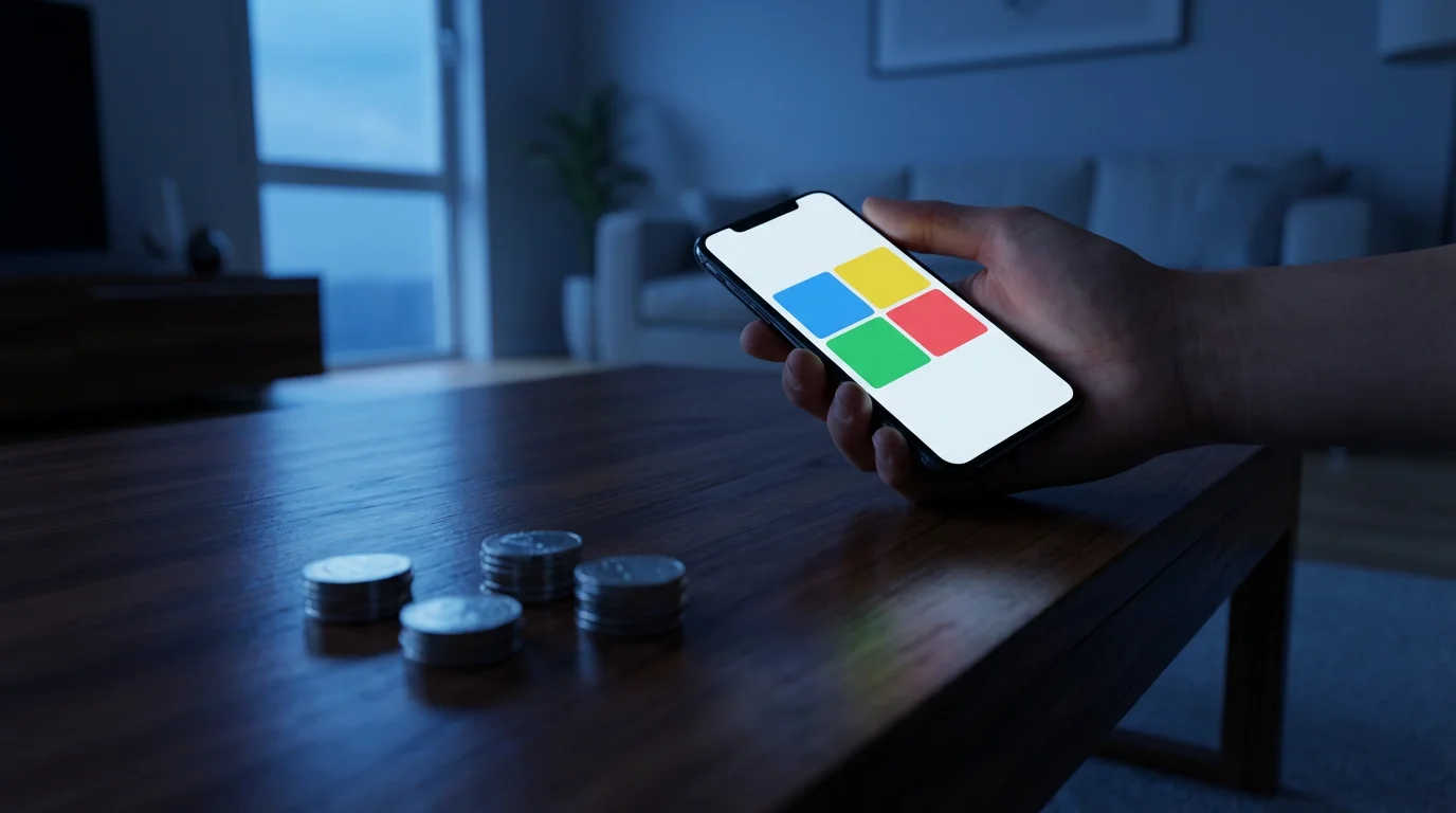 A hand holding a smartphone above four small stacks of coins on a table during blue hour.