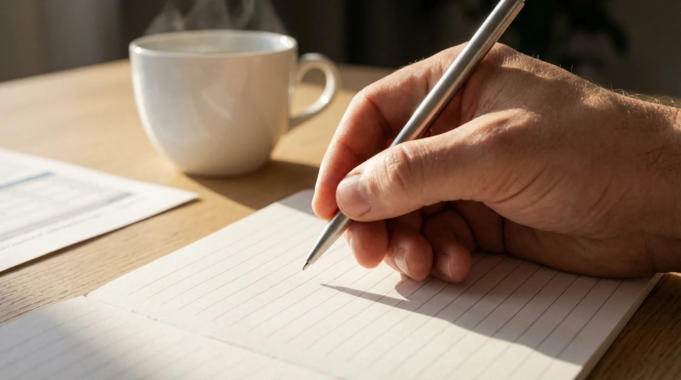 A hand holds a pen over a notebook, ready to start budgeting with coffee.