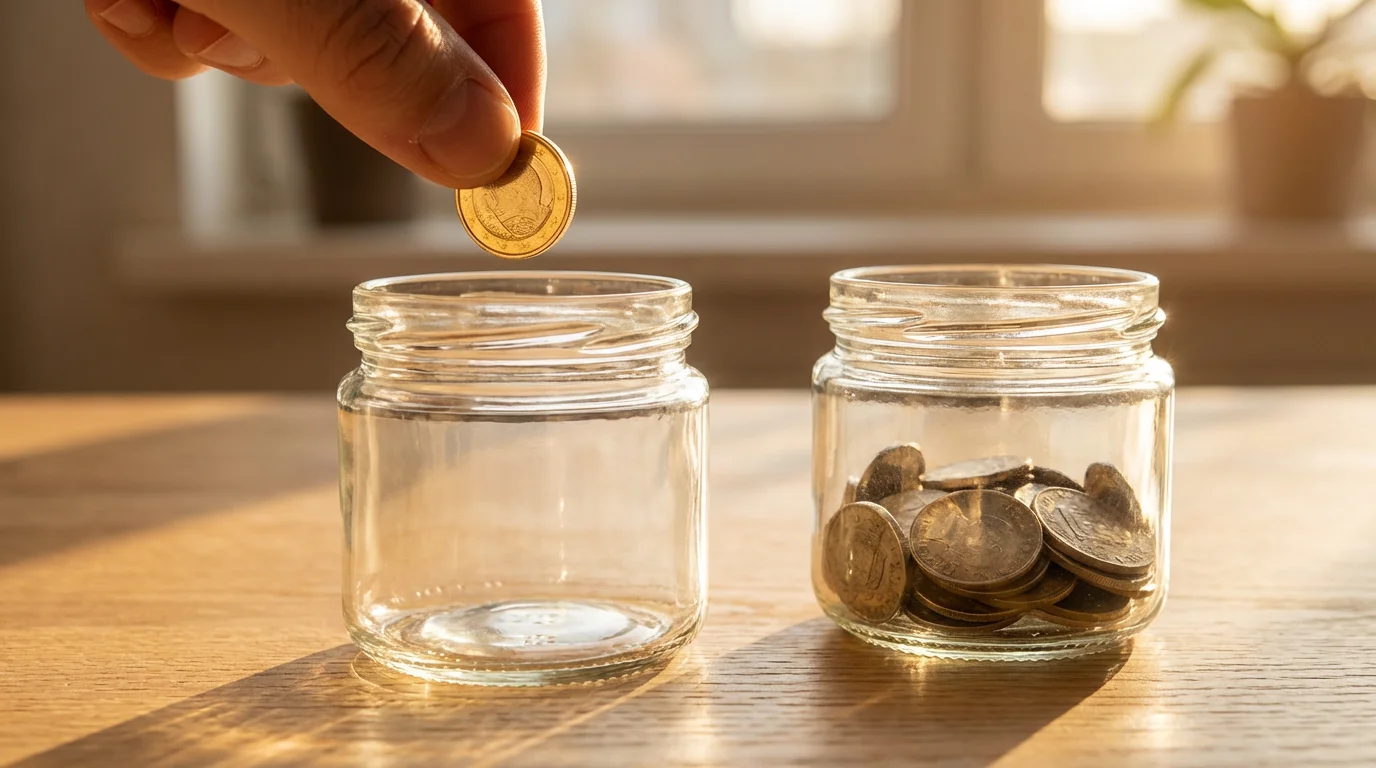 A hand sorting coins into two separate glass jars, symbolizing separating business finances.