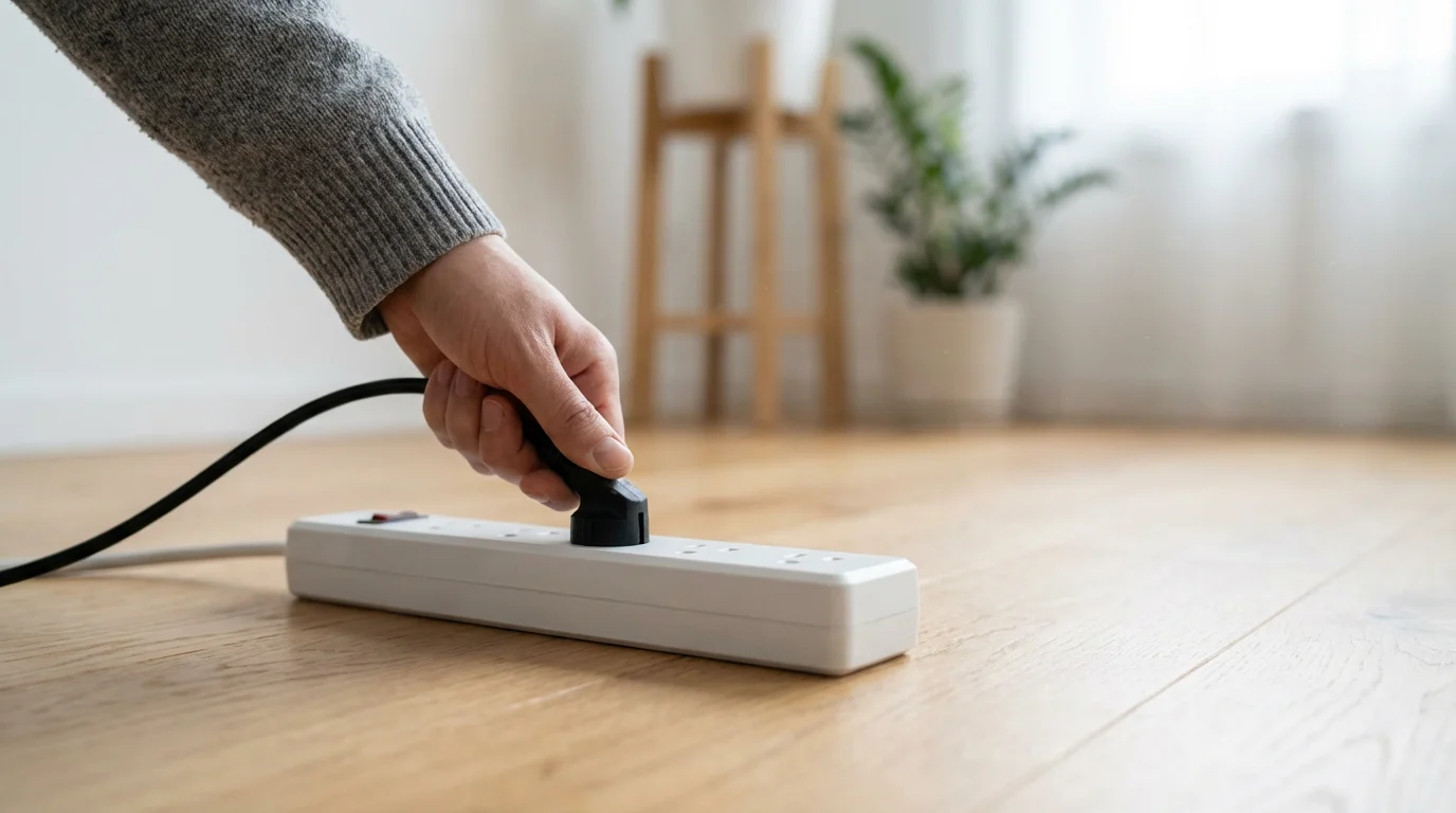 A hand unplugs an electrical cord from a power strip on a wooden floor.