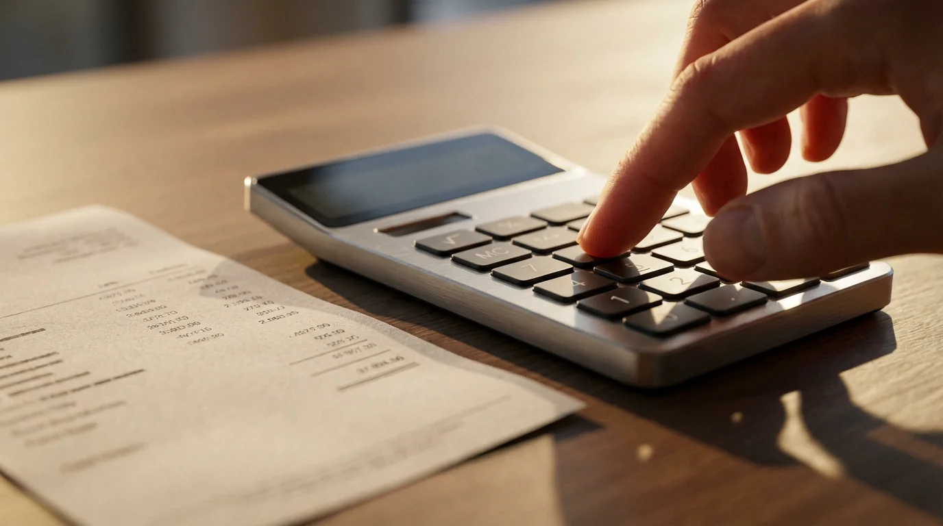 A hand using a calculator next to a generic itemized bill during golden hour.