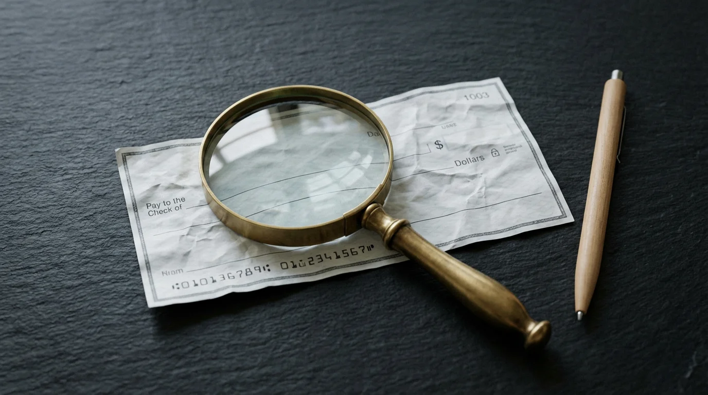 A high-angle flat lay of a crumpled check being inspected with a magnifying glass.