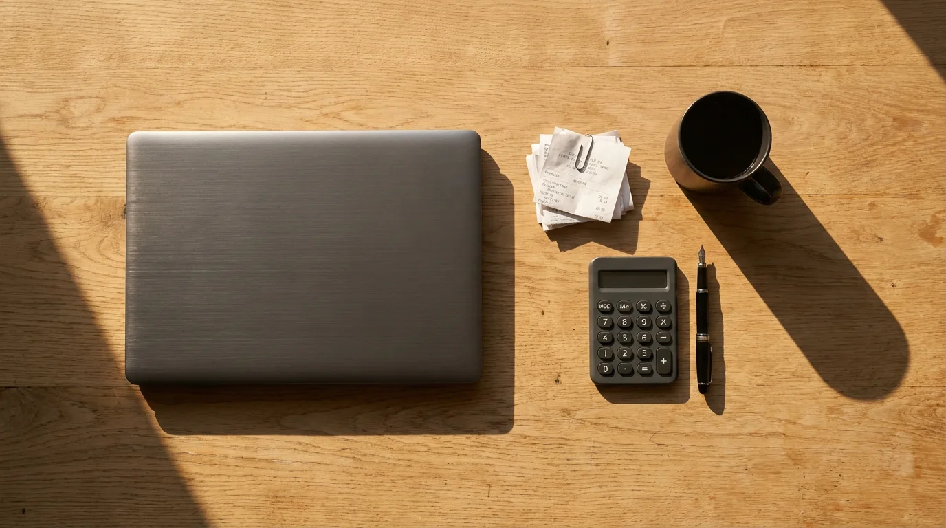 A high-angle flat lay of a desk with a laptop, receipts, and a calculator.