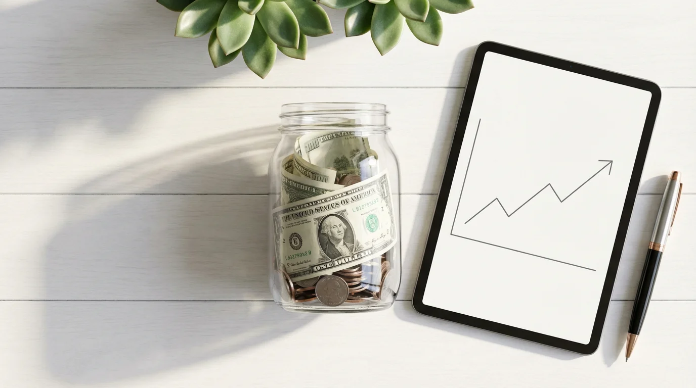 A high angle flat lay of a jar of money next to a tablet.