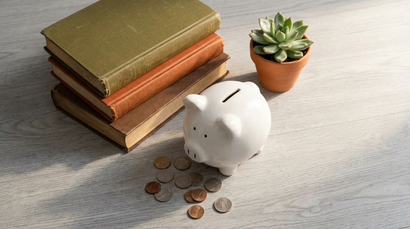 A high-angle flat lay of a piggy bank, used books, and coins.