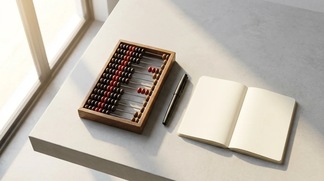 A high angle flat lay of a wooden abacus, pen, and notebook representing financial calculation.