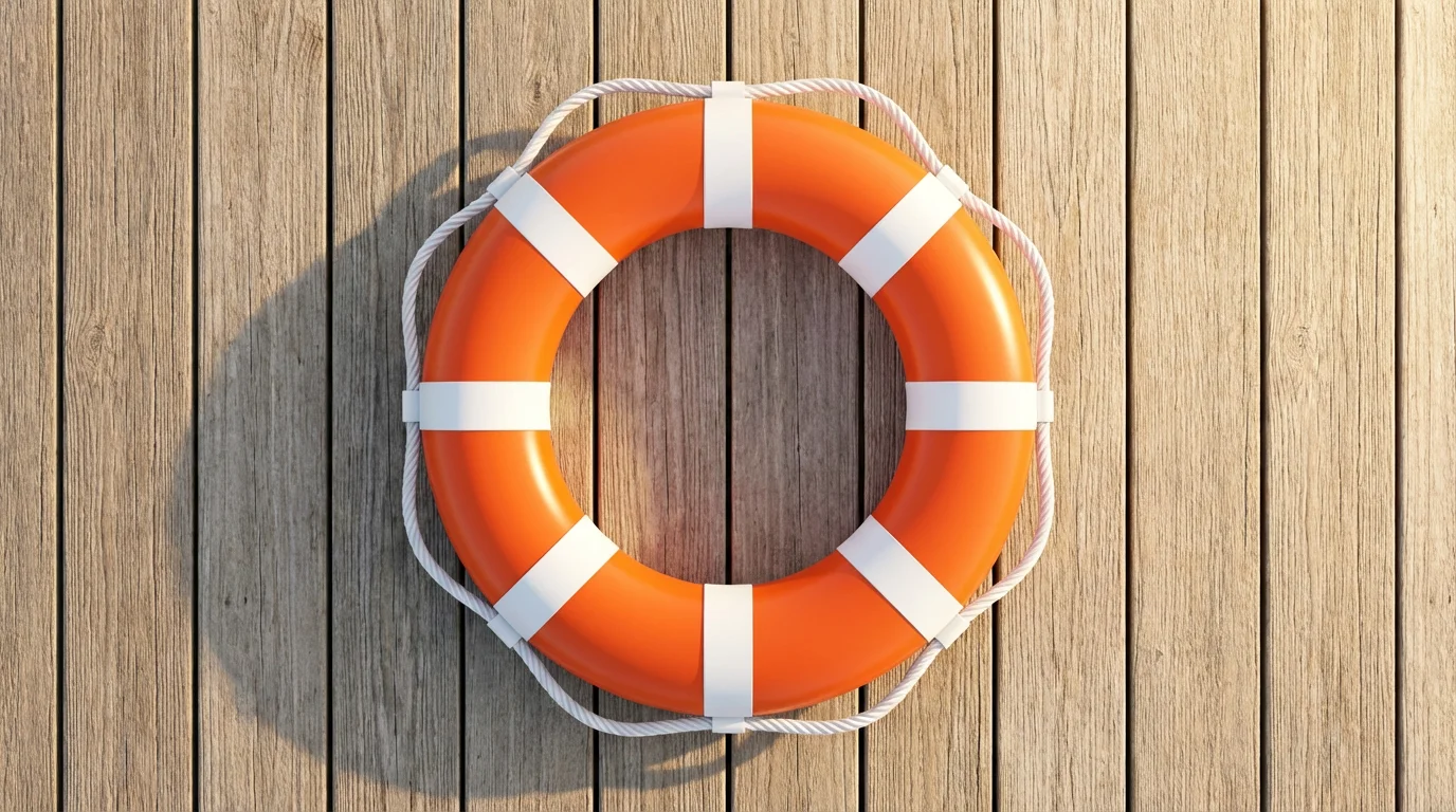 A high angle flat lay photograph of a life preserver on a wooden dock.