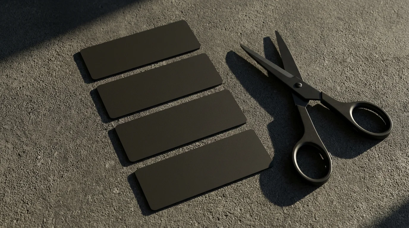 A high-angle photo of a credit card cut into four pieces beside scissors.