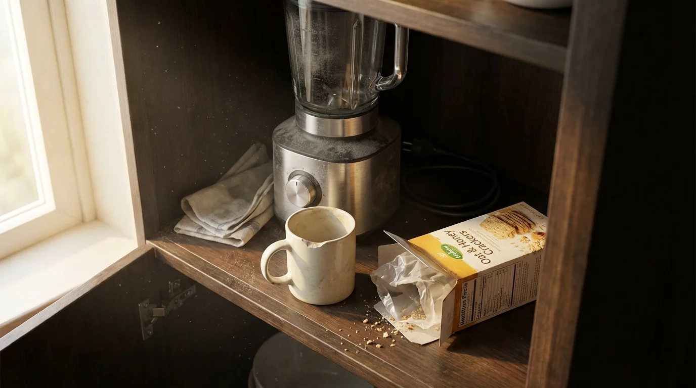 A high-angle photo of a dusty, expensive blender sitting unused in a kitchen cupboard.