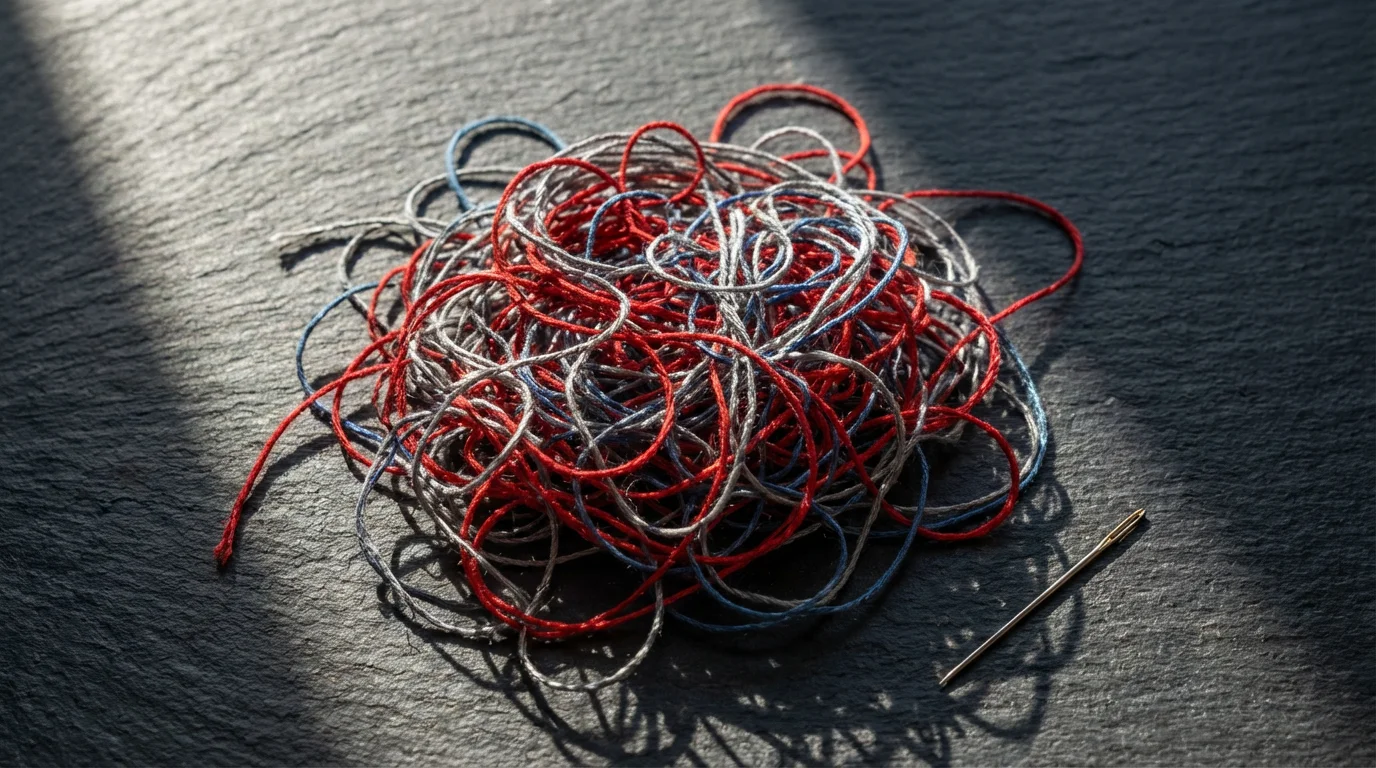 A high angle view of a large, tangled knot of colorful threads on a dark surface.
