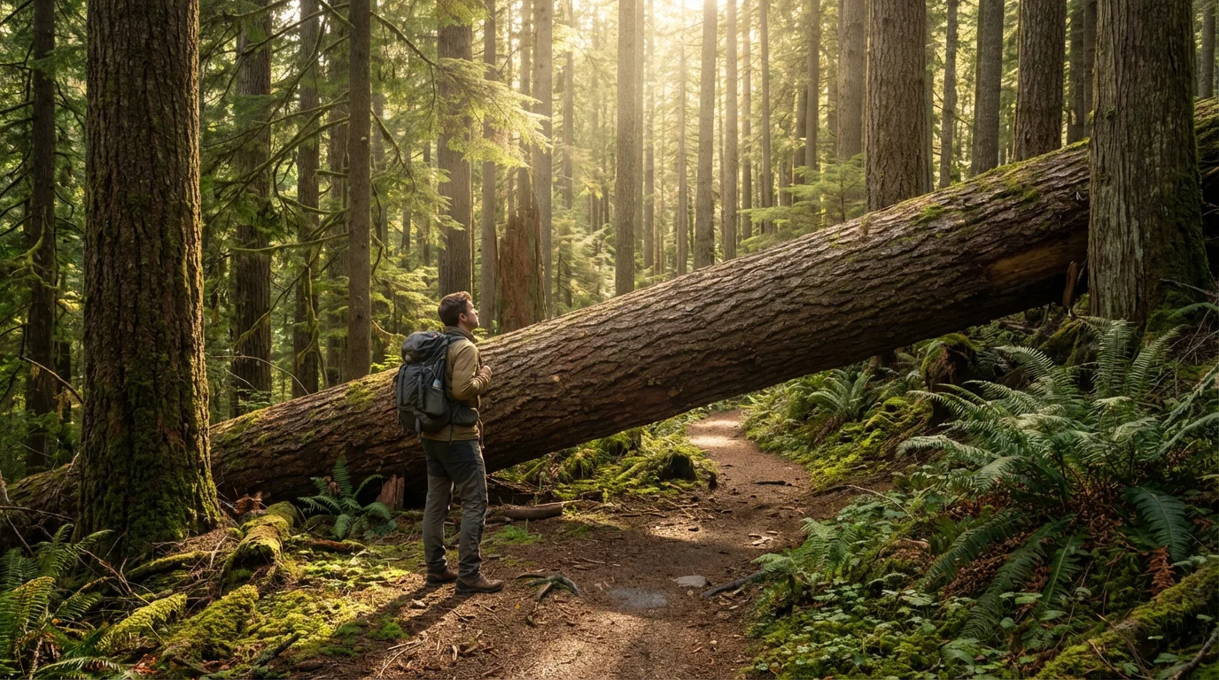 A hiker contemplates an alternate path around a large fallen tree blocking a forest trail.