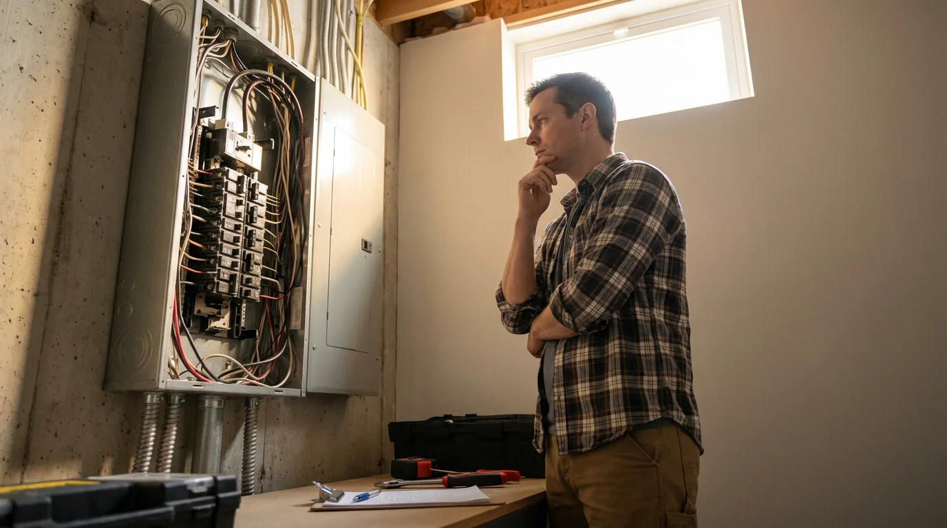 A homeowner thoughtfully examines a complex, open circuit breaker box in a modern basement.