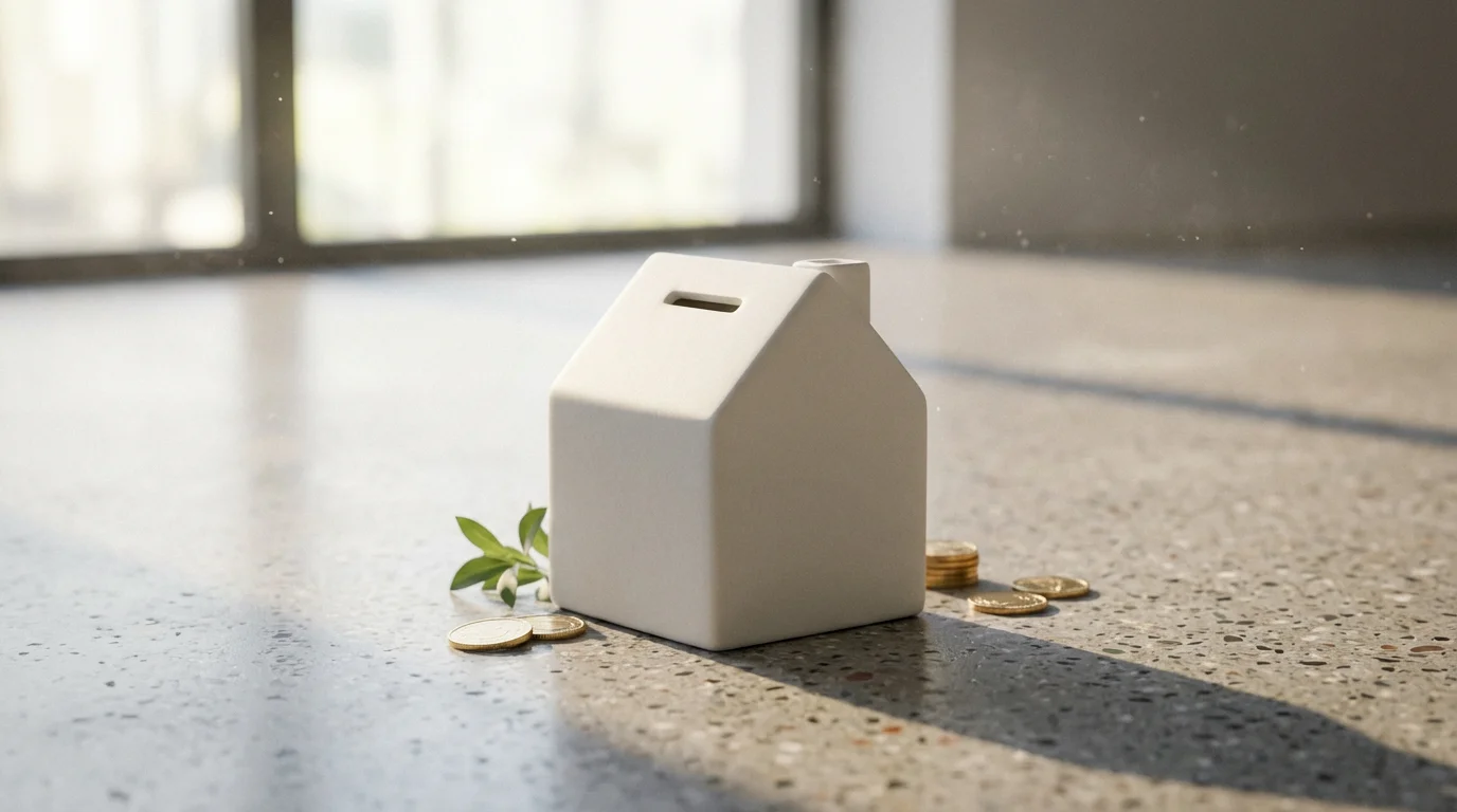 A house-shaped piggy bank on a floor, captured from a low angle with morning light.